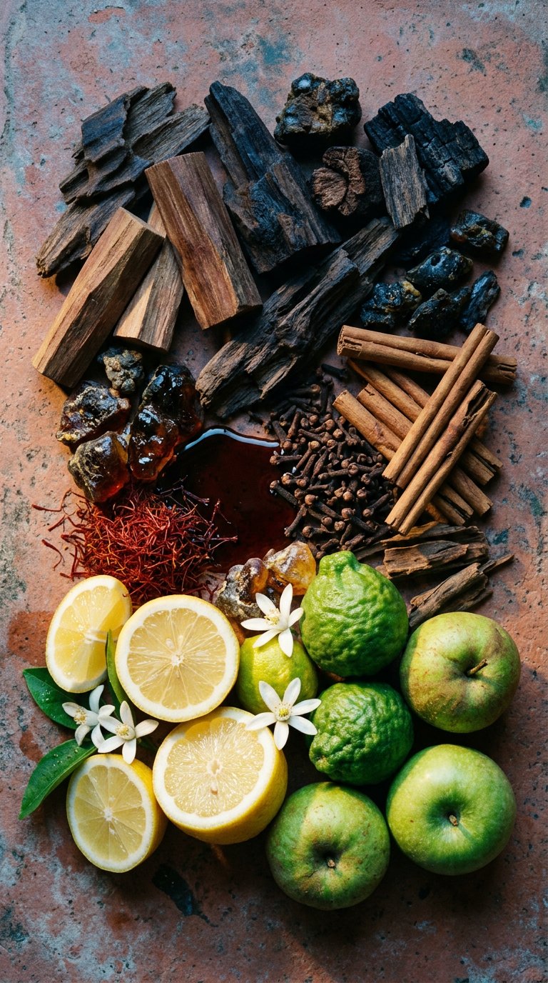 whole spices scattered on aged brass