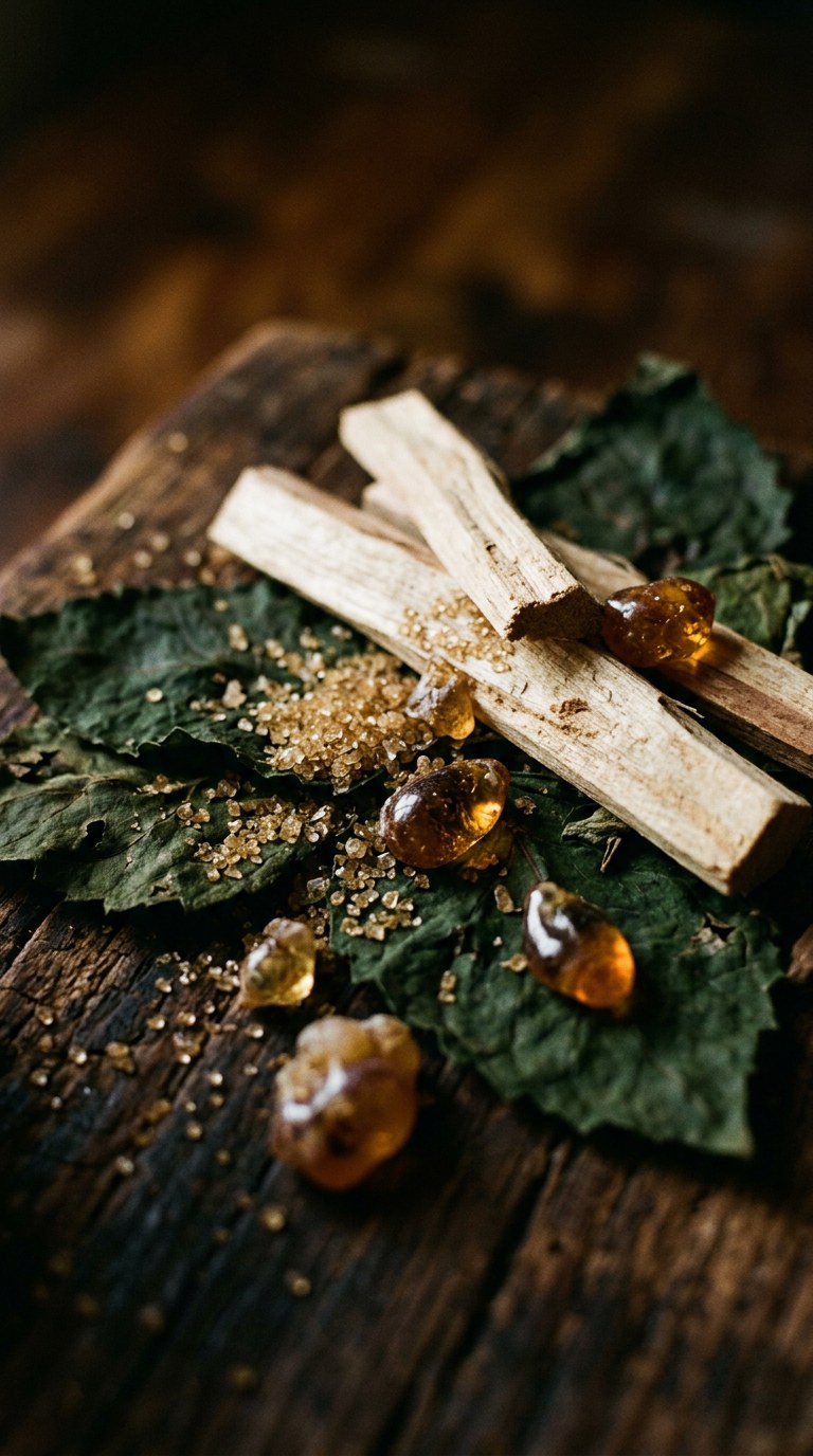 Sandalwood strips, patchouli leaves, brown sugar crystals, and amber resin arranged intimately on dark walnut wood.