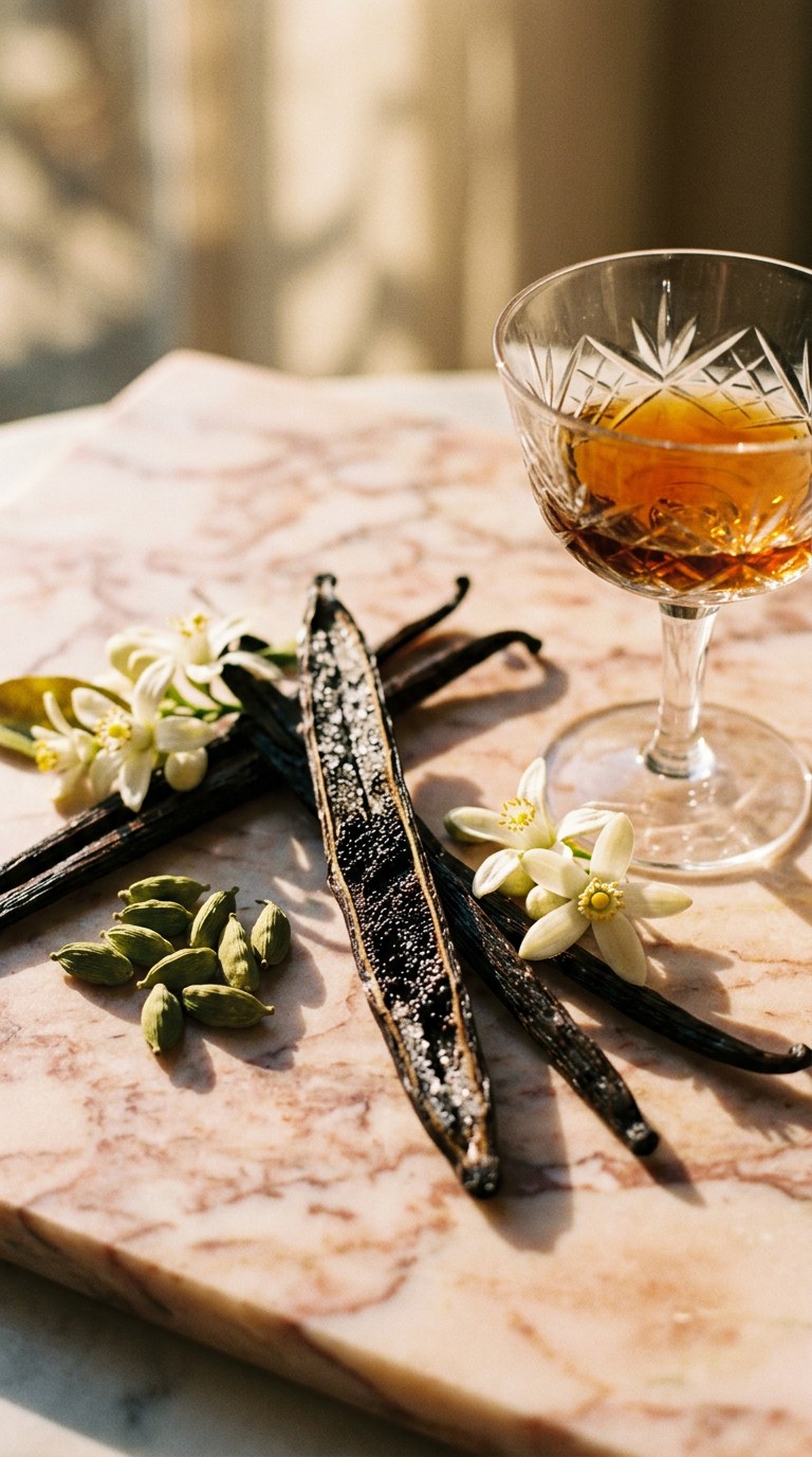 Vanilla pods, cardamom, orange blossoms, and rum resting on warm marble.