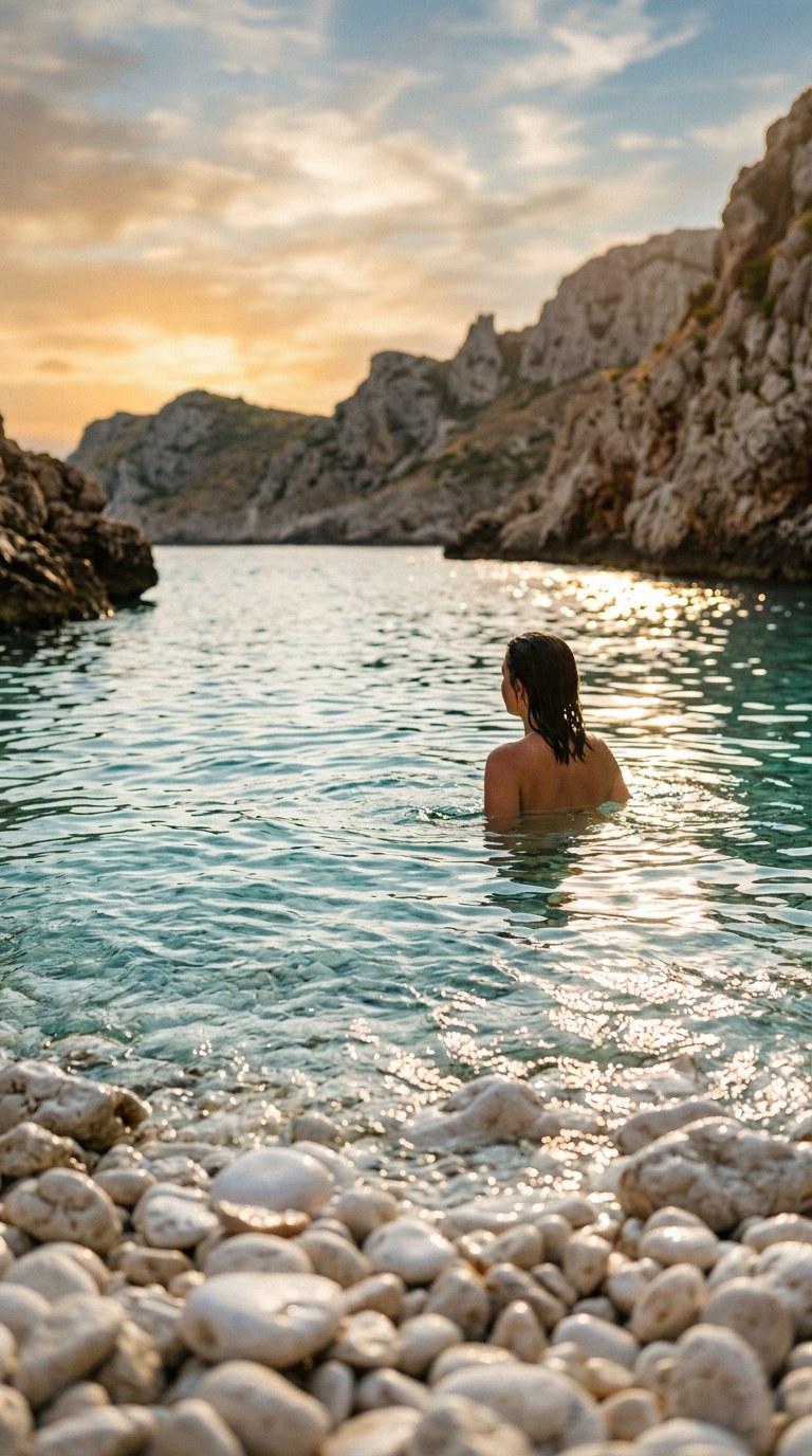 Abstract view of crystal-clear turquoise water washing over smooth white stones at golden hour.