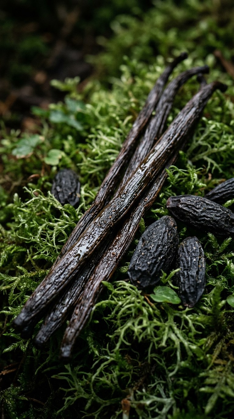 Macro still life of vanilla pods and tonka beans resting on soft green oakmoss.