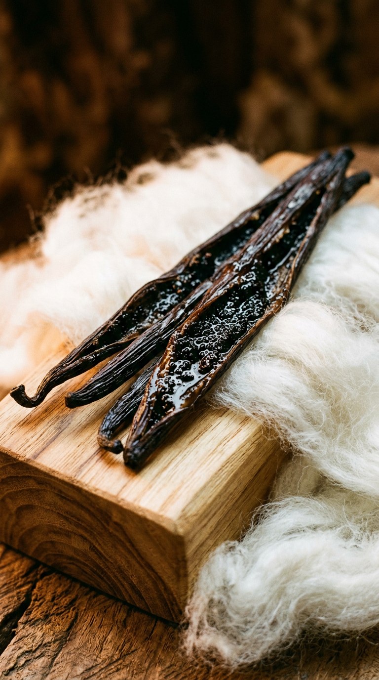Intimate still life of split vanilla beans resting on smooth sandalwood and soft white fibers.