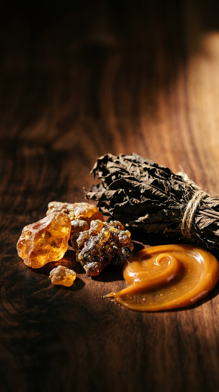 Macro shot of glowing amber, tree resins, caramel, and patchouli leaves on dark wood.