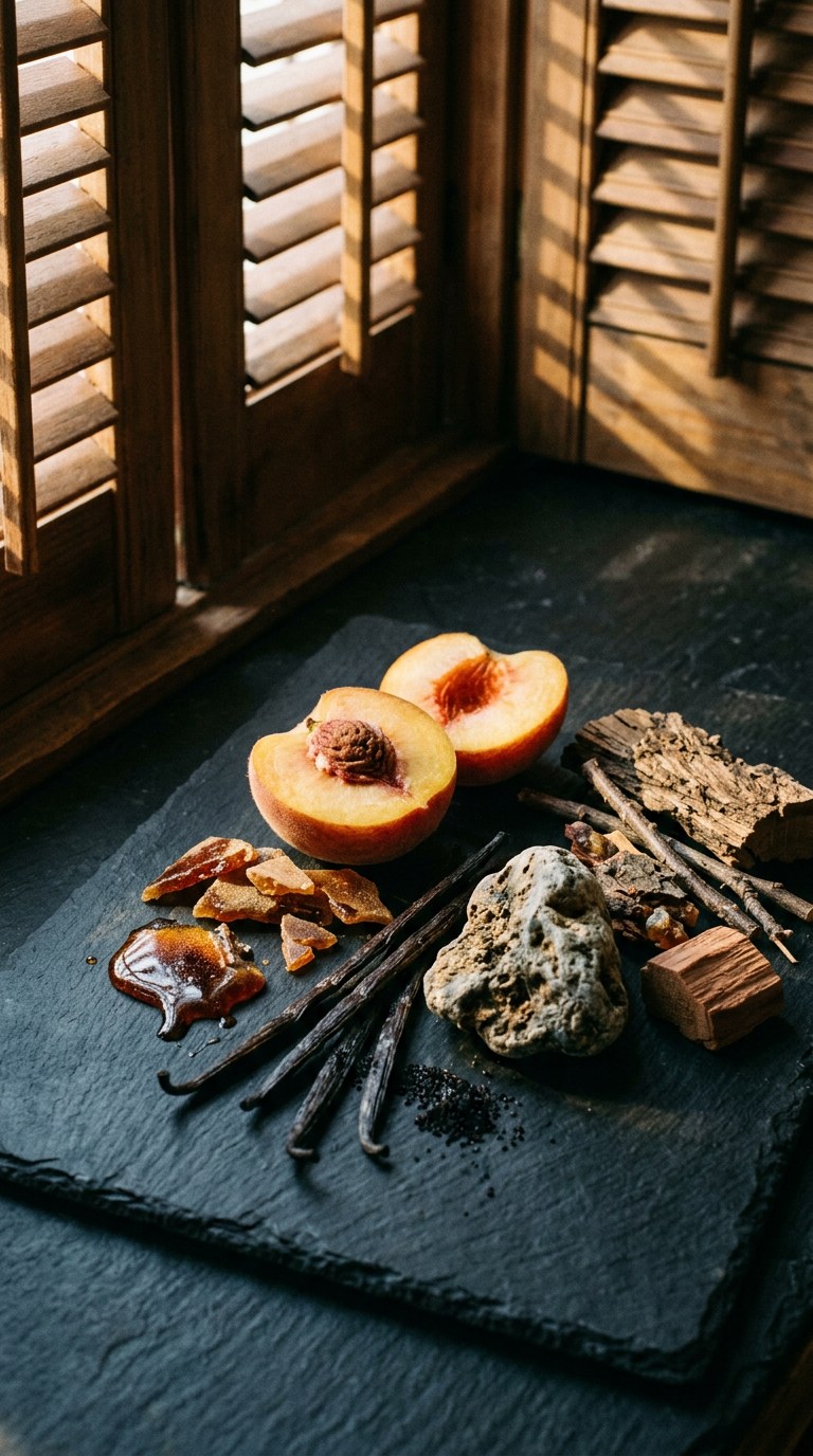 blackcurrants, peach and pink pepper on dark stone