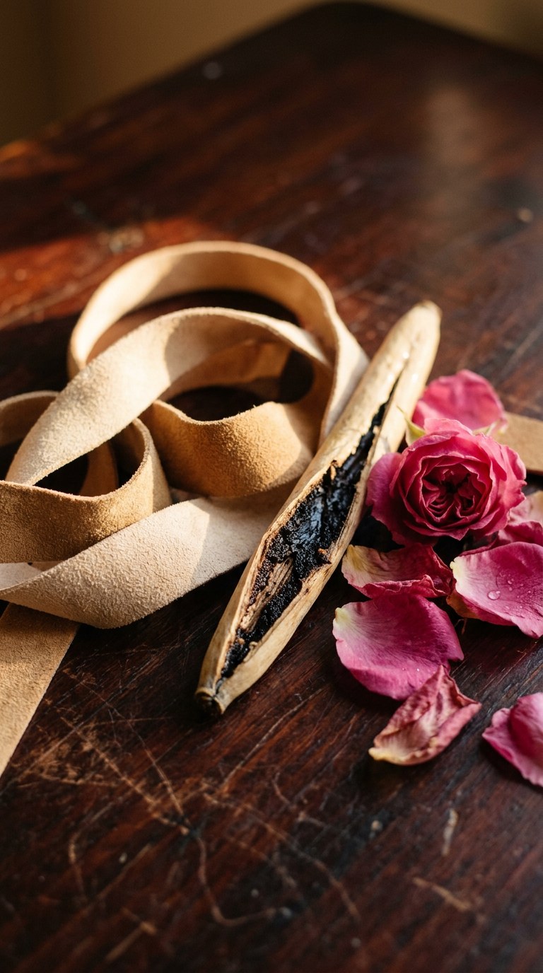 A cracked vanilla bean, soft suede, and rose petals on aged mahogany wood.