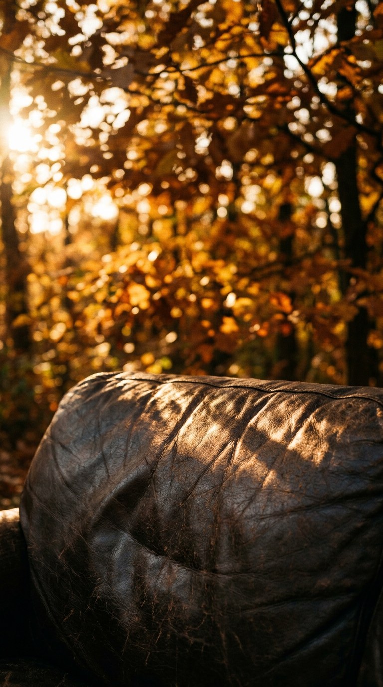 Sunlight filtering through autumn leaves onto dark leather.