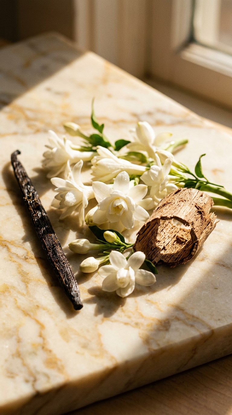 Still life of fresh white tuberose, jasmine blossoms, a vanilla bean, and cedarwood on cream marble.
