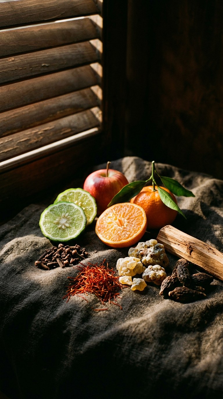whole spices scattered on aged brass