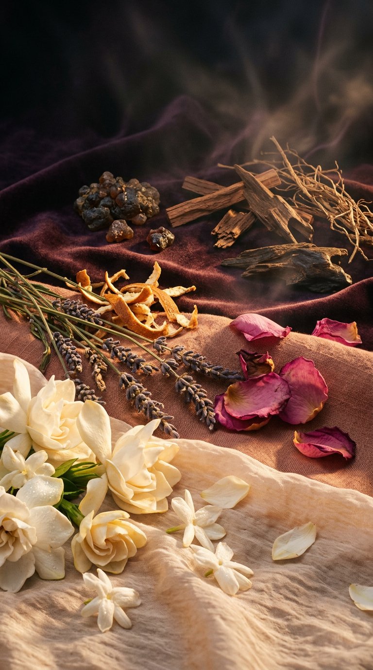 jasmine buds and dried tea leaves on pale marble