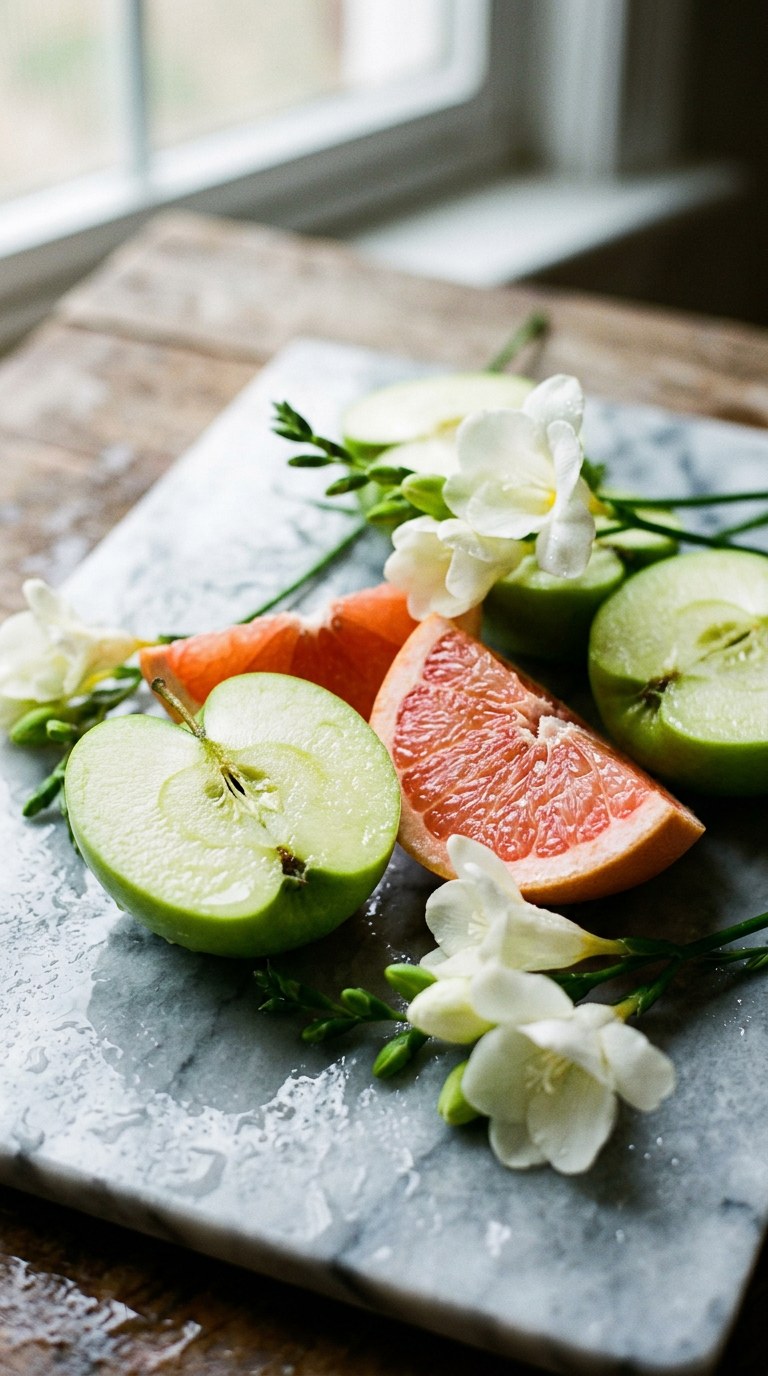 Still life of cut green apples, grapefruit, and white freesia on wet marble.