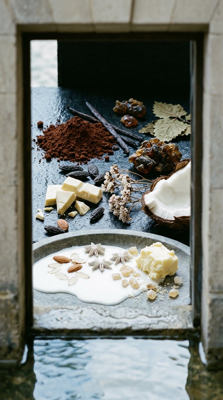 a vanilla pod, sugar and cream on a marble slab