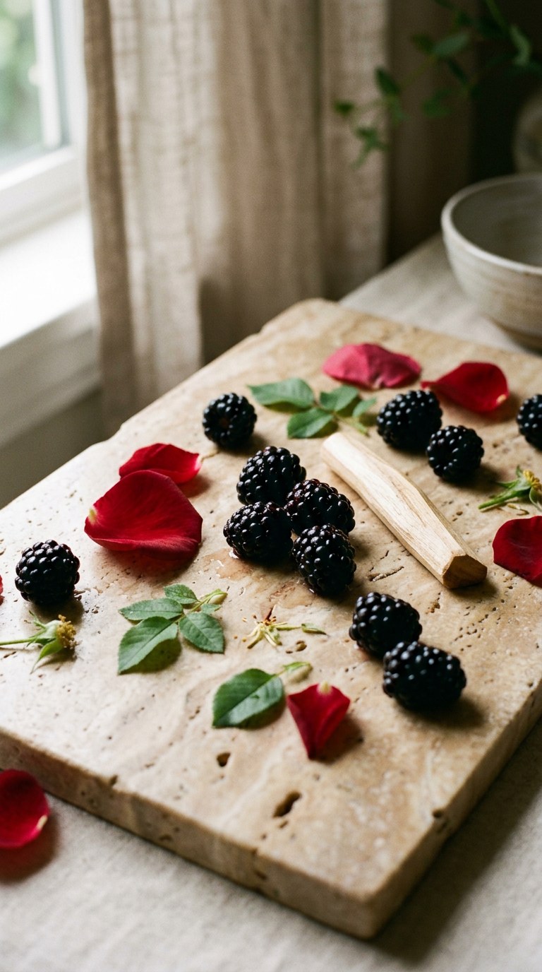 Shot on Cinestill 800T, vertical 9:16 portrait. A moody still life featuring fresh blackcurrants dripping with clear syrup next to a blooming pink freesia against a dark walnut wood background. Cinematic rim light, shallow depth of field, 85mm lens, tactile, vivid.