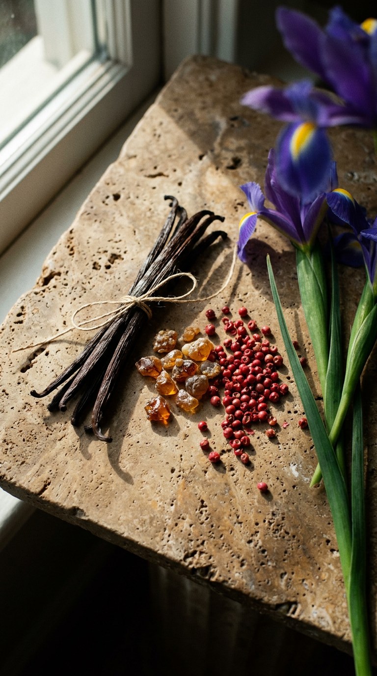 Still life of vanilla pods, pink peppercorns, and myrrh resin on travertine stone, cinematic lighting, 35mm film.