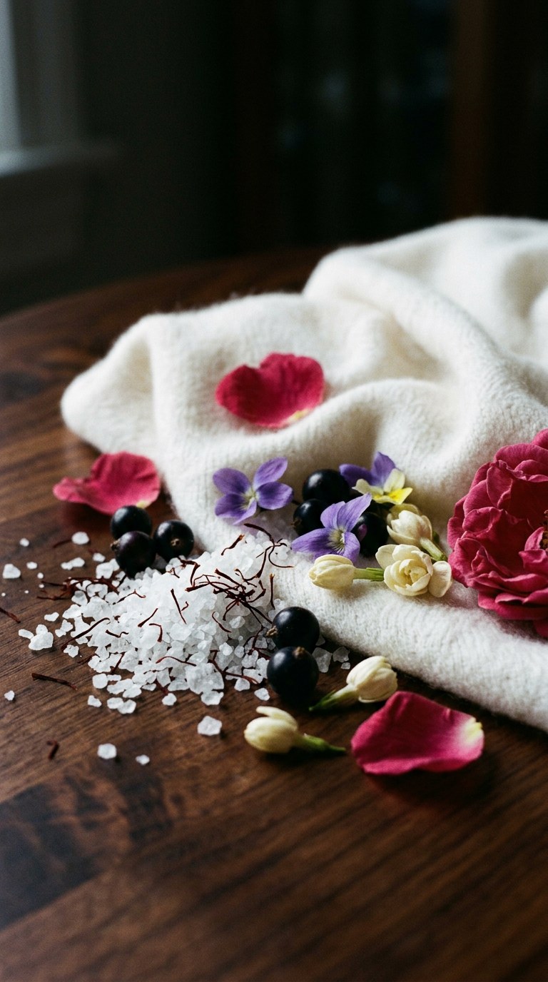 sea salt crystals, smooth wet pebbles and a pot of pale floral cream