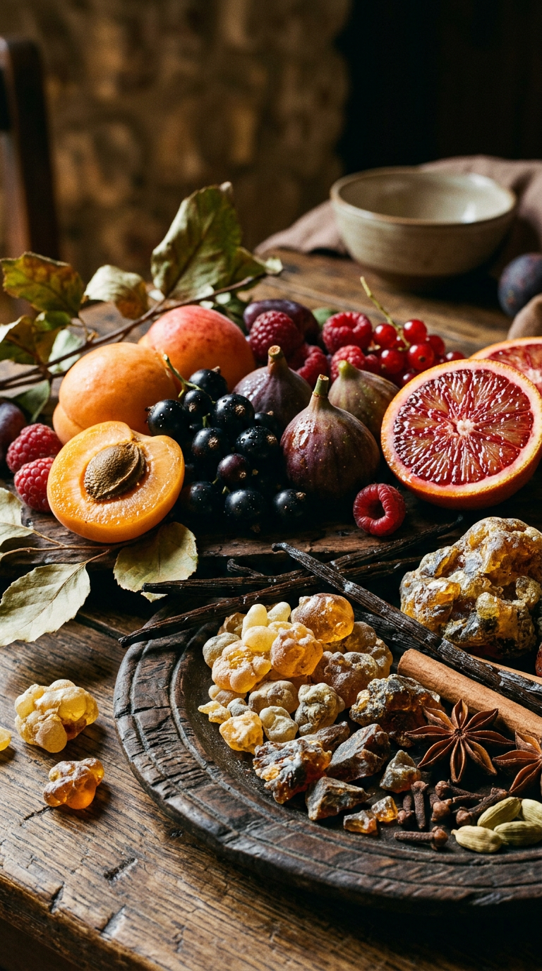 blackcurrants, peach and pink pepper on dark stone
