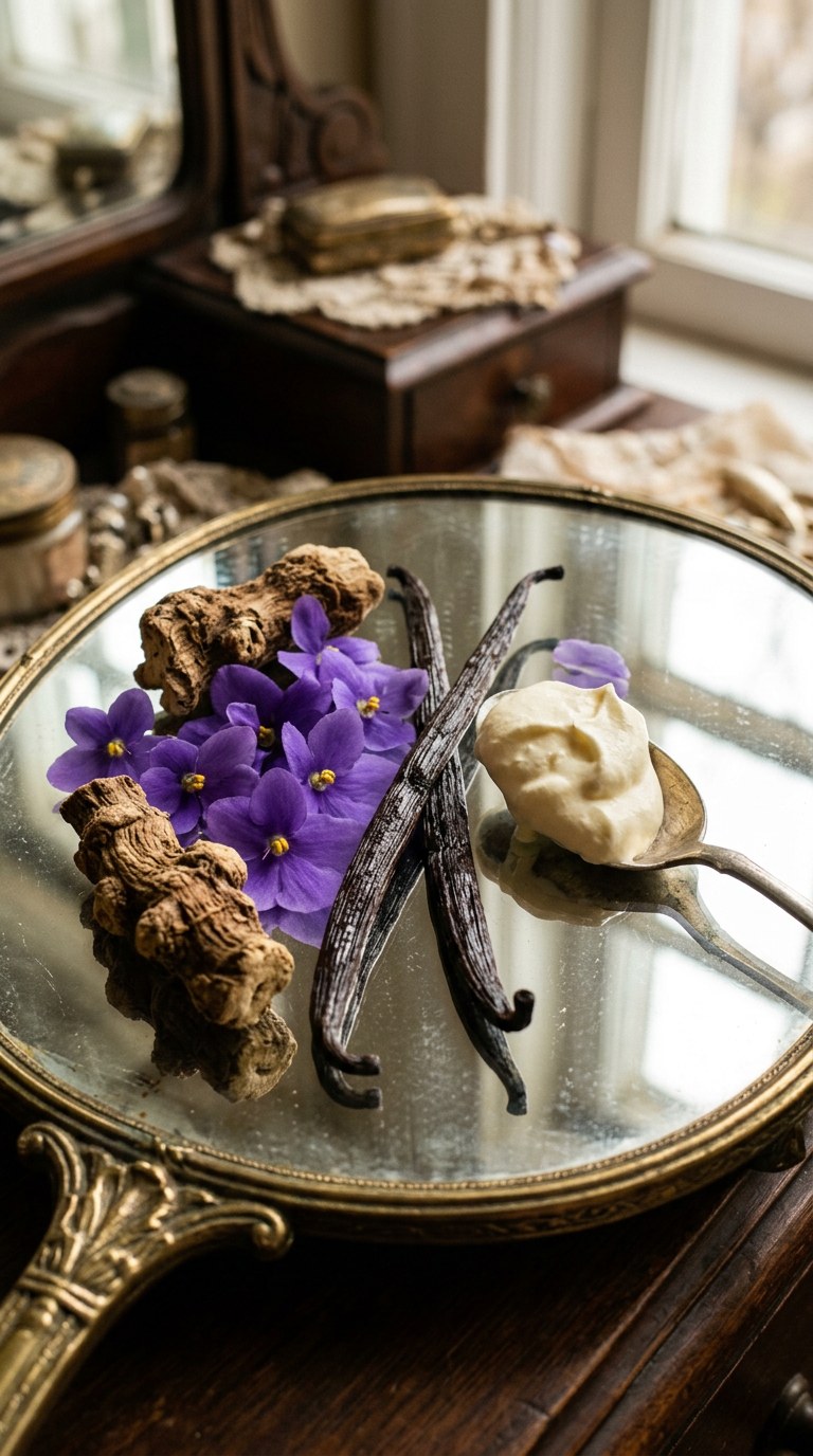 Vanilla pods, fresh cream, purple violets, and iris root arranged on a vintage mirror tray.