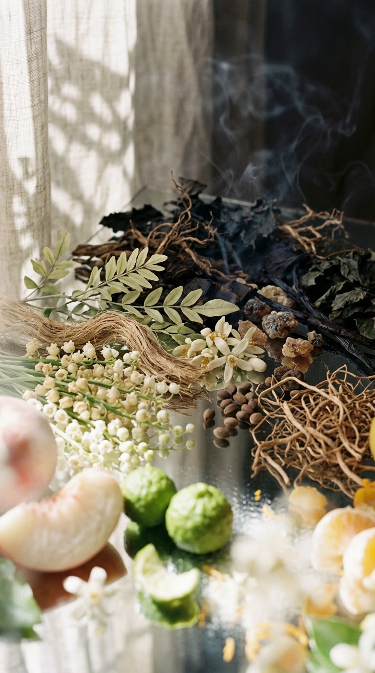 iris root, rice powder and dried violets on pale marble