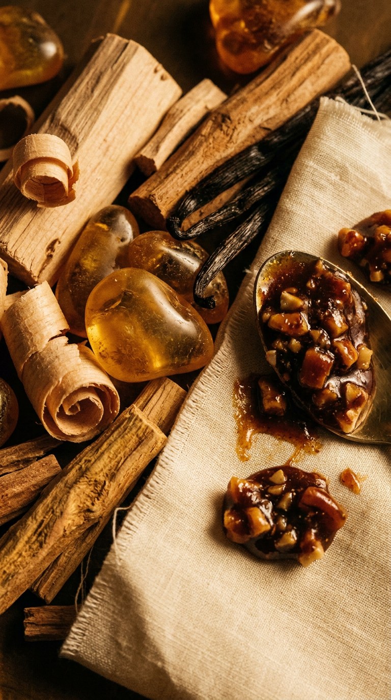 Macro still life of golden amber, sandalwood, praline, and vanilla beans on raw silk.