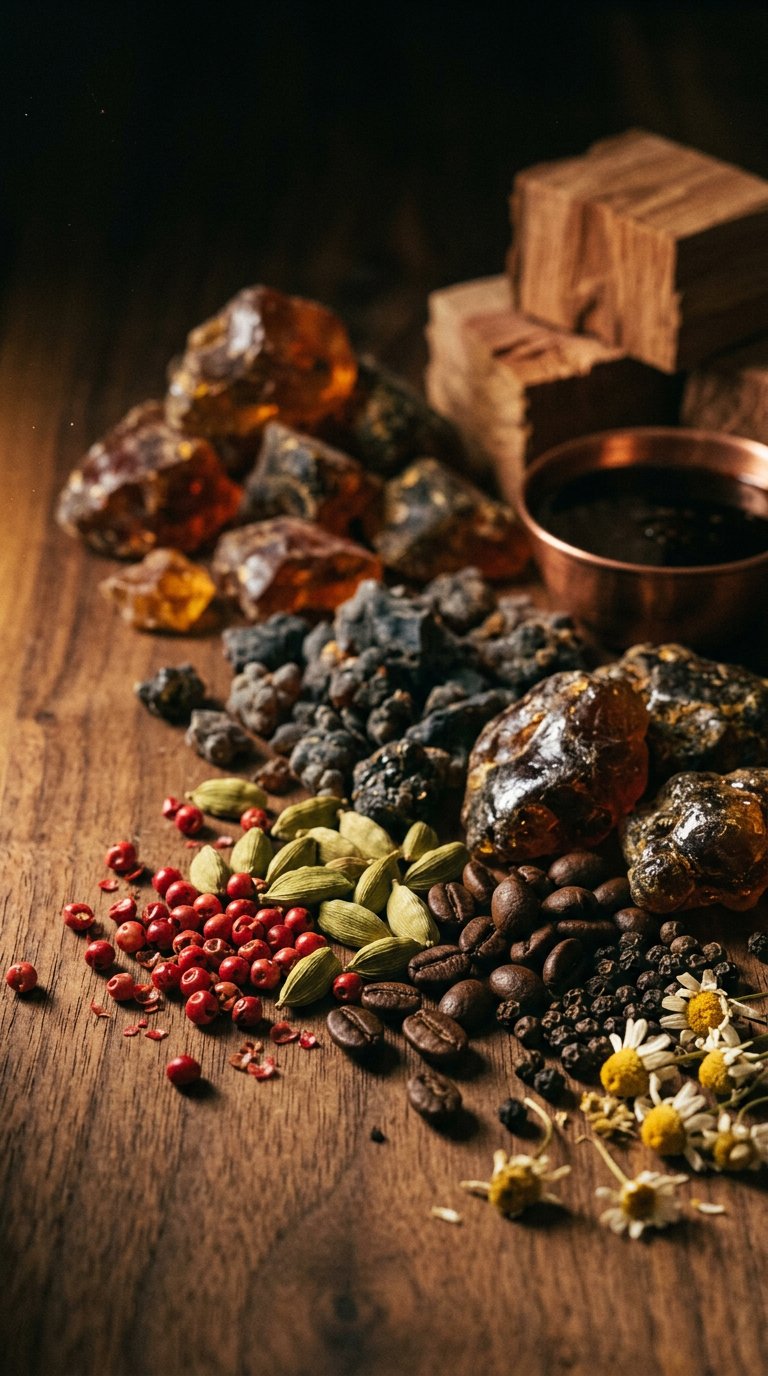 whole spices scattered on aged brass