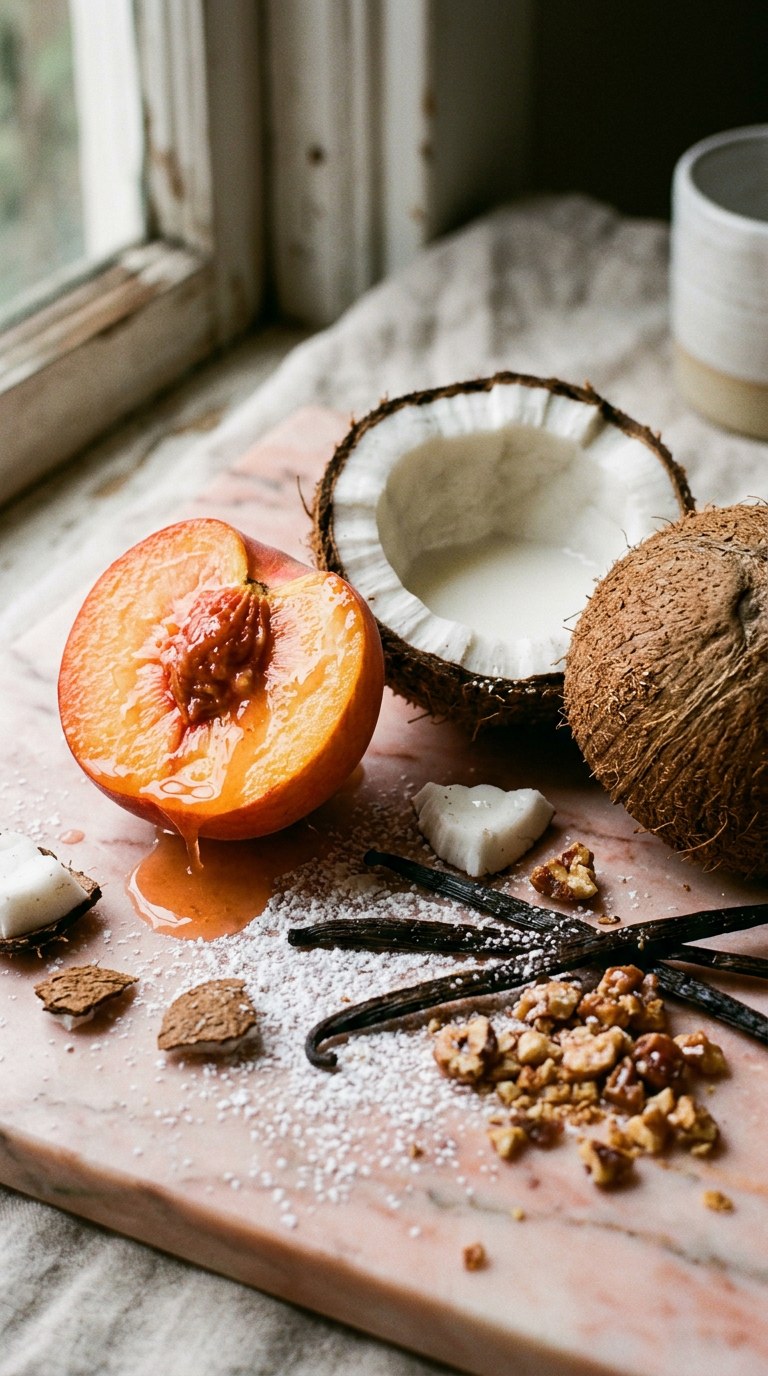 A macro still life of sliced ripe peaches, cracked coconut, raw vanilla beans, and crushed praline resting on smooth pink marble.