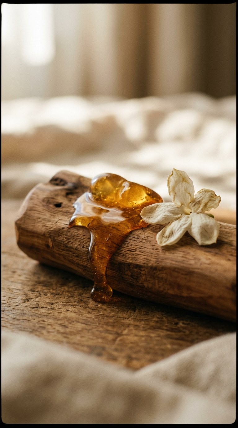 Golden amber resin melting on smooth sandalwood next to a jasmine petal.