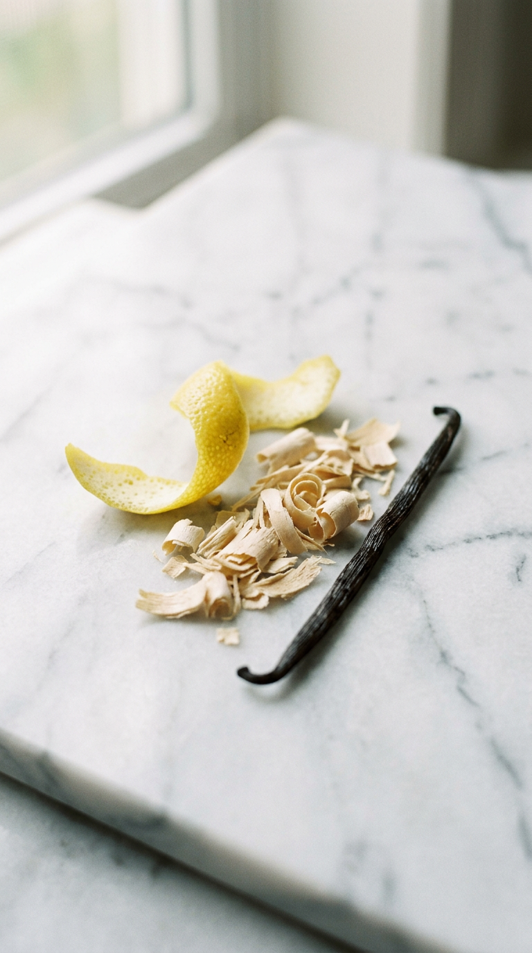lemon peel, white sandalwood shavings and vanilla on pale marble