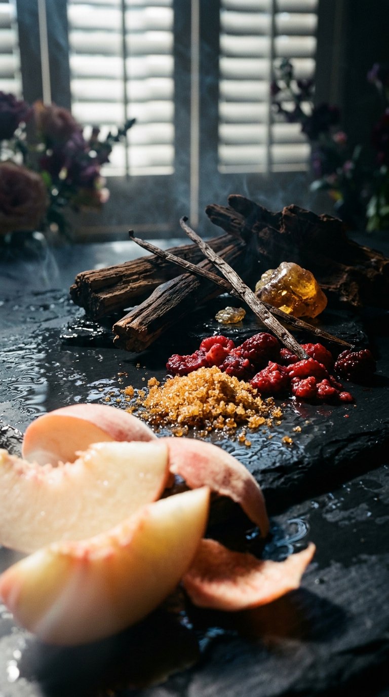 blackcurrants, peach and pink pepper on dark stone