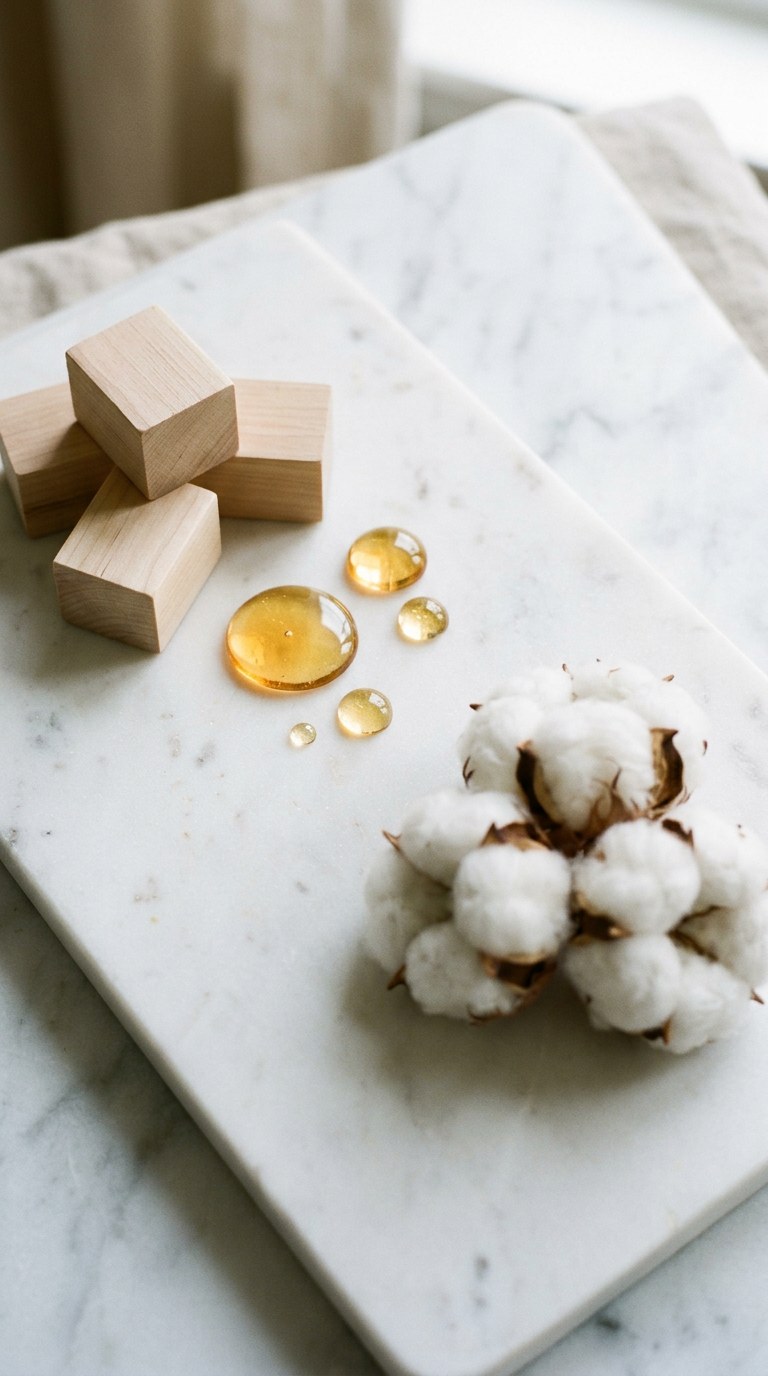 Smooth cedarwood blocks, golden amber droplets, and white cotton resting on clean white marble.