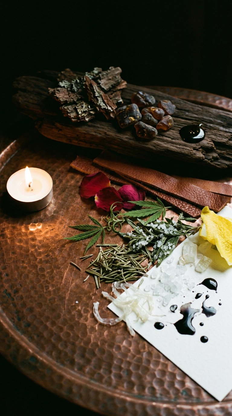 whole spices scattered on aged brass