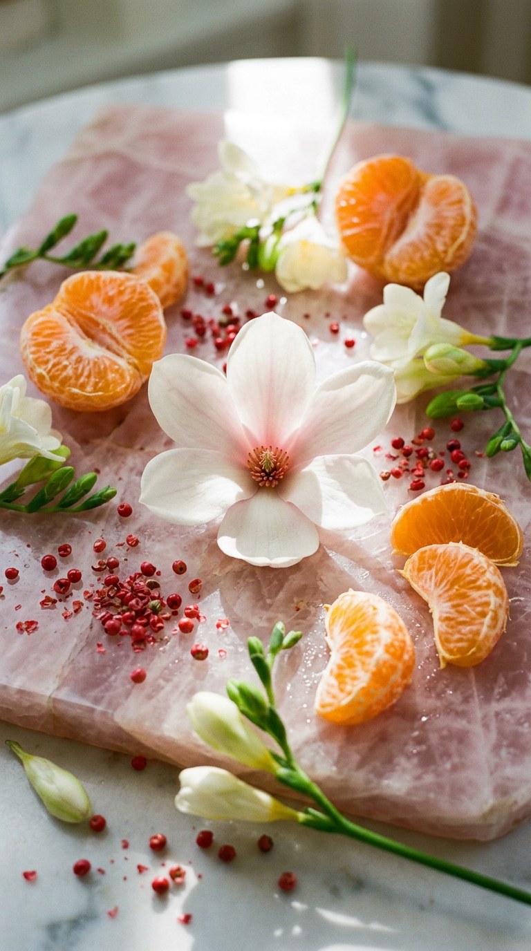 A rustic yet refined still life featuring a halved mandarin oozing with juice, surrounded by lush pink peonies and delicate white orange blossoms on a surface of polished brass. Shot on 35mm Kodak Portra 160, 9:16 vertical portrait, 50mm lens, f/4. Rich, warm lighting highlights the dewy texture of the petals and the glossy citrus segments. Highly tactile, editorial luxury, evoking a radiant, sun-drenched floral bouquet.