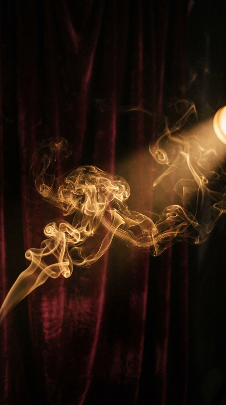 35mm film photography, Cinestill 800T, vertical 9:16 portrait. An abstract, evocative hero shot representing a powerful scent trail. A slow-shutter capture of fine, golden dust and dark, moody smoke swirling together in a pitch-black room. The lighting is dramatic and directional, catching the golden particles in mid-air to create a sense of magic and mystery. Hyper-realistic, highly tactile, cinematic, editorial-luxury.