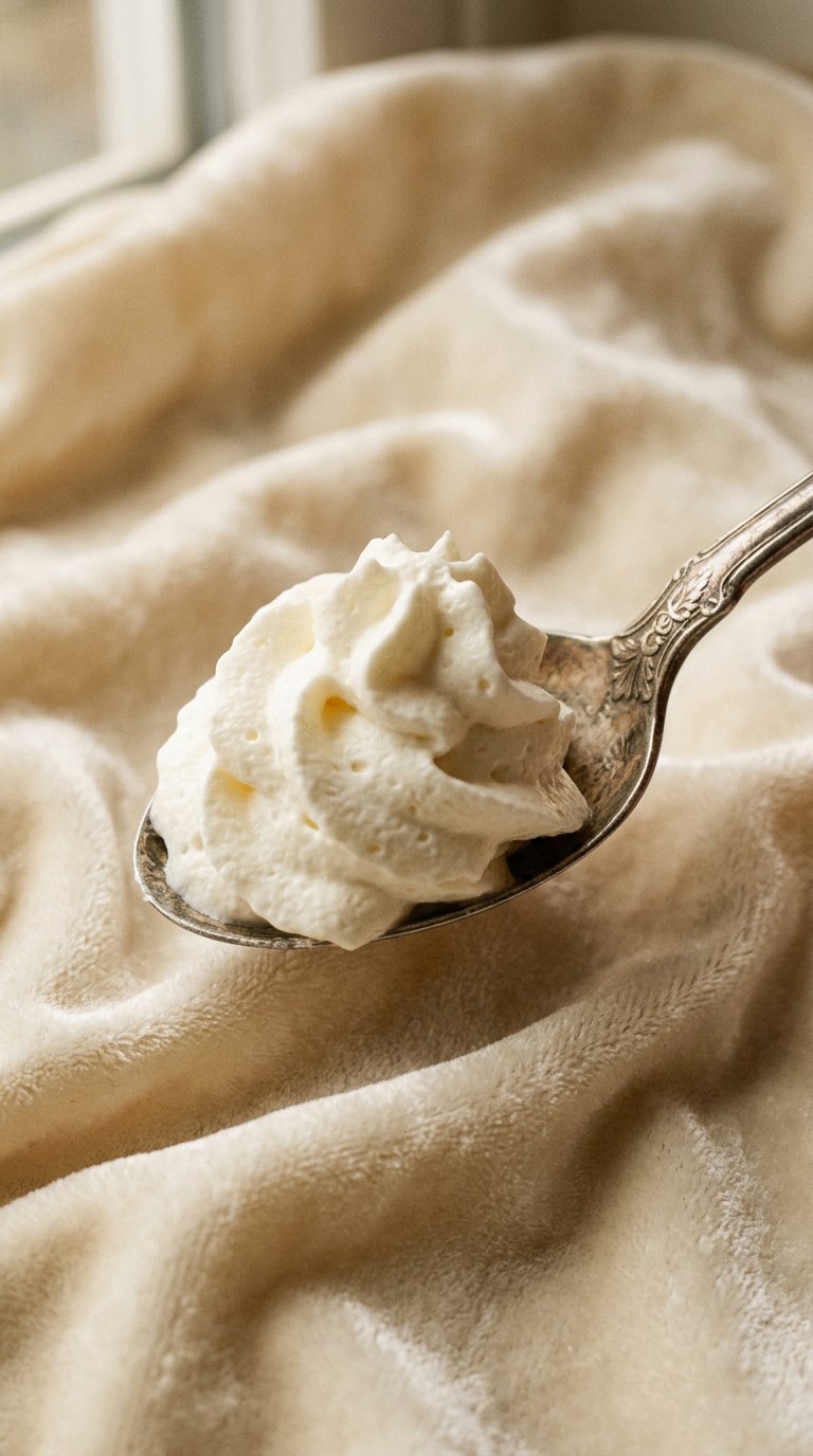 35mm film photography, vertical 9:16, intimate macro still life, perfect swirls of aerated rich whipped cream on ornate antique silver spoon, draped warm ivory velvet background, soft diffused window light, tactile plush textures, creamy whites warm pearl soft silver, 100mm macro lens, shallow depth of field, hyper-realistic velvety smooth, gourmand editorial luxury, no text, no bottles --ar 9:16 --style raw