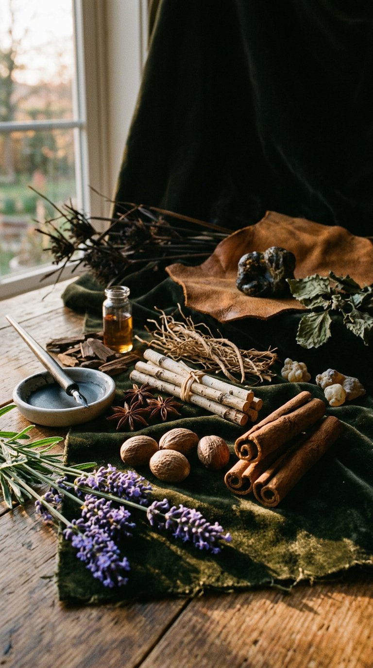 whole spices scattered on aged brass