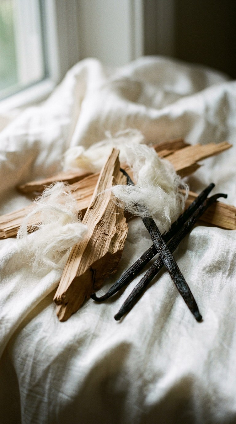 Cedarwood shards, vanilla beans, and spun sugar resting on heavy white silk.