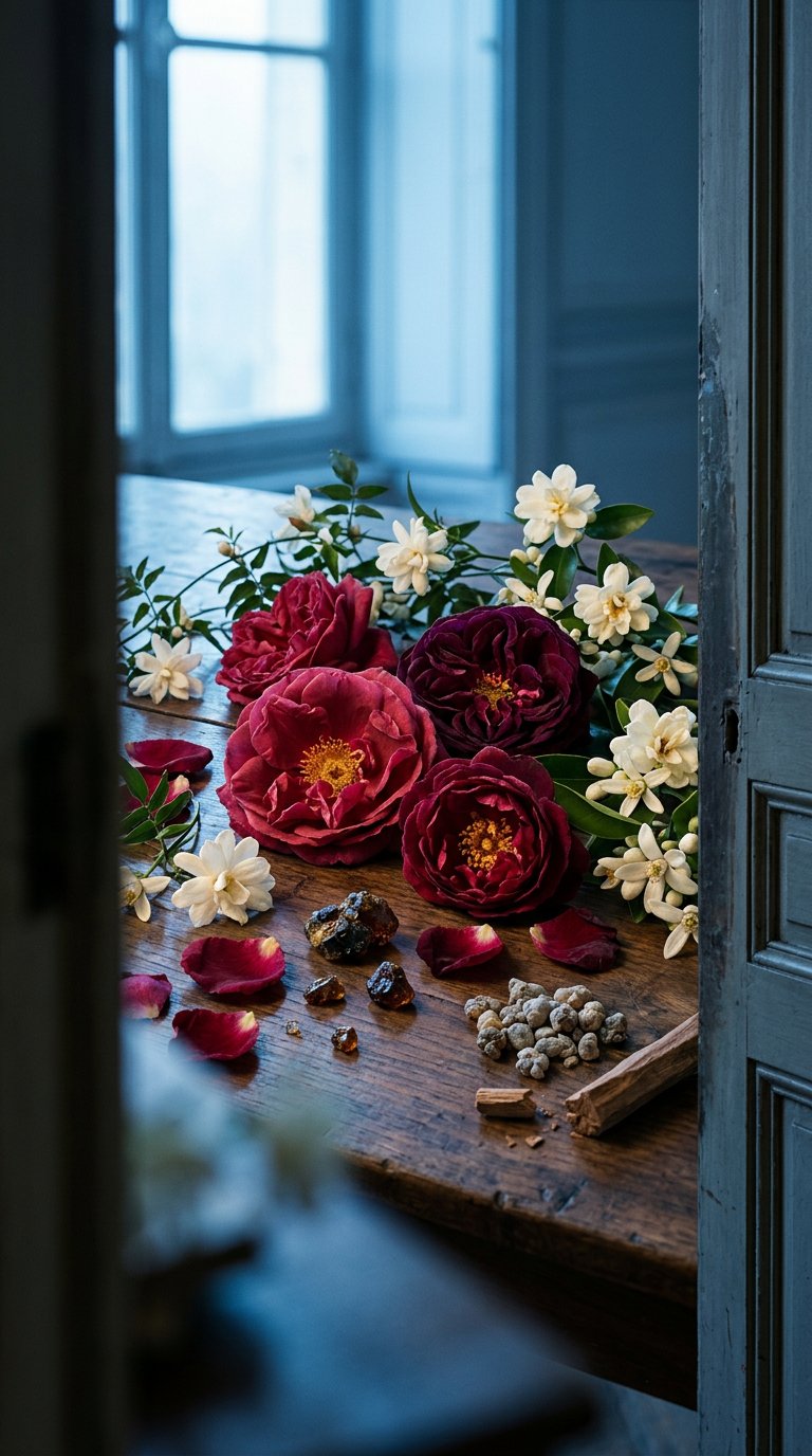 jasmine buds and dried tea leaves on pale marble