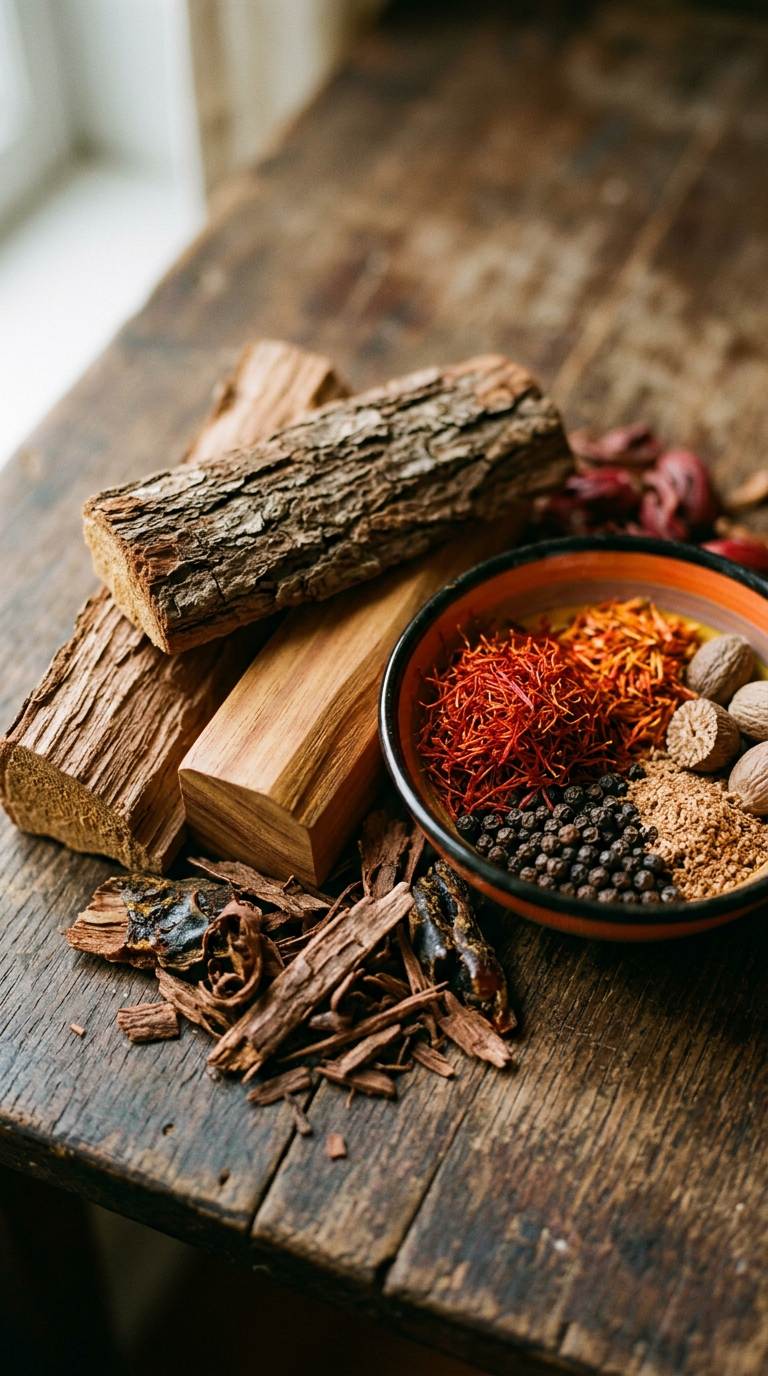 whole spices scattered on aged brass