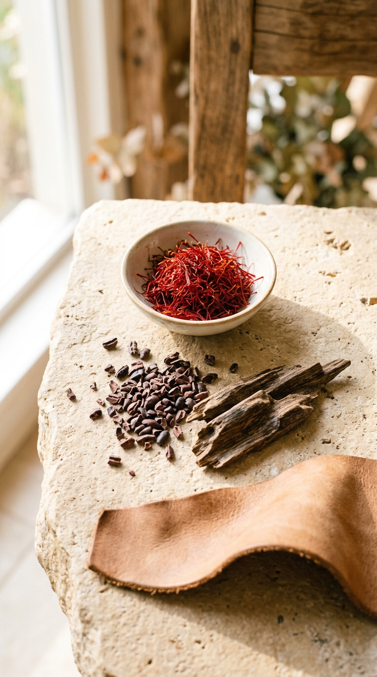 the raw materials of Saddles of the Silk Road laid out on stone