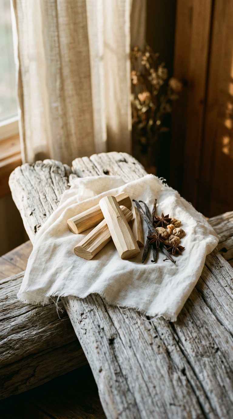 Pale sandalwood chips and white linen resting on sun-bleached driftwood.