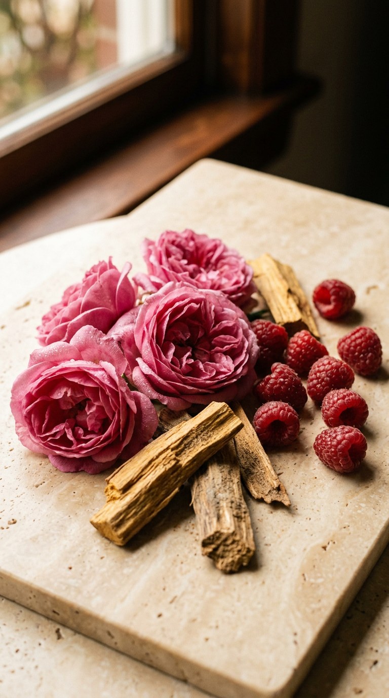 Still life of fresh Damask roses, raspberries, and sandalwood on a travertine stone surface.