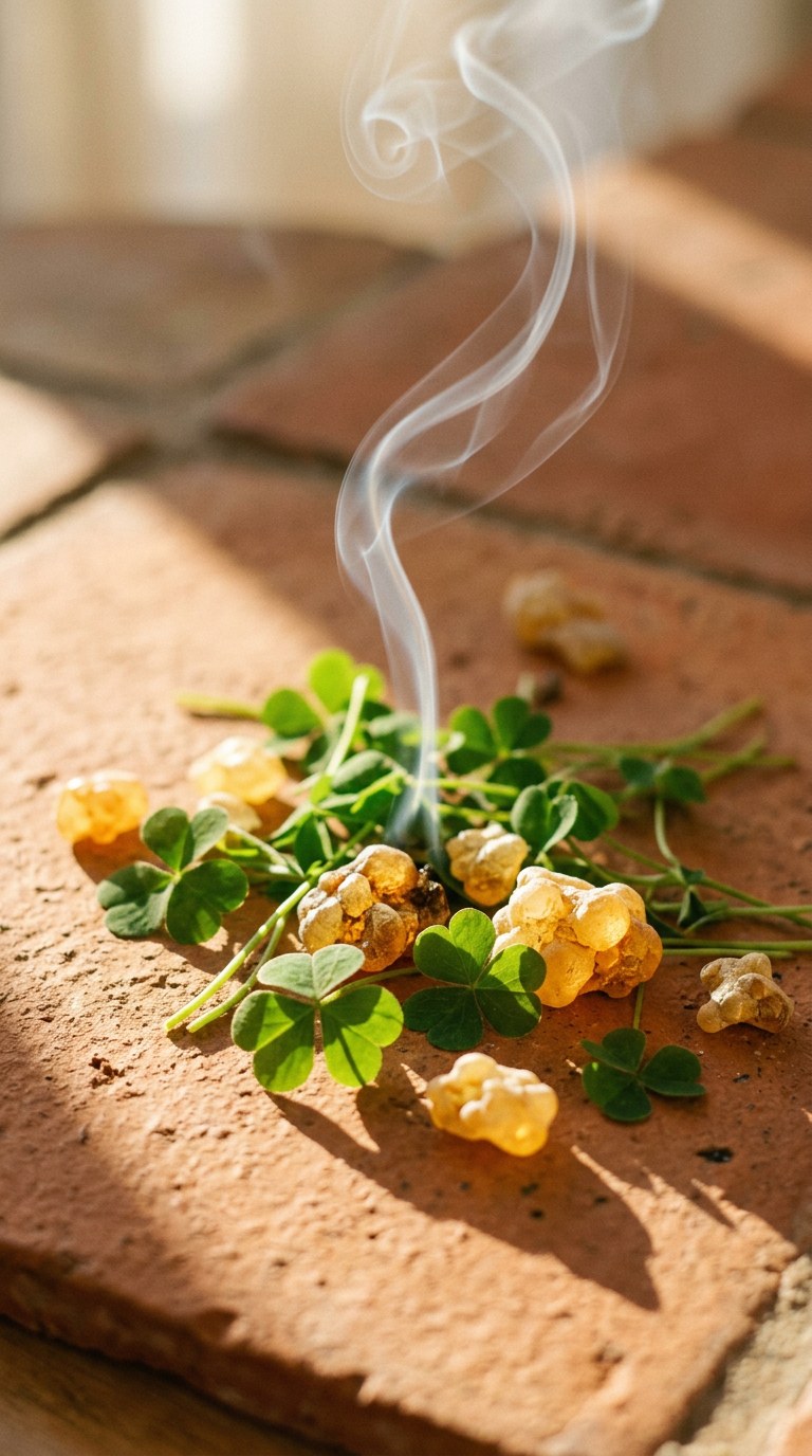 A delicate curl of silver incense smoke rising above fresh green clover and golden resin crystals on warm terracotta.
