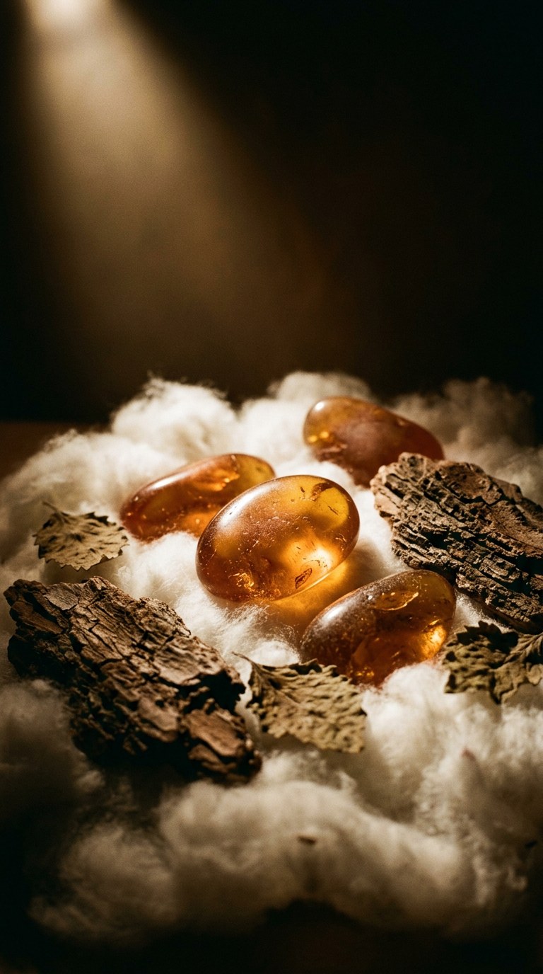Glowing amber resin stones, cedarwood bark, and patchouli leaves resting on soft white cotton.