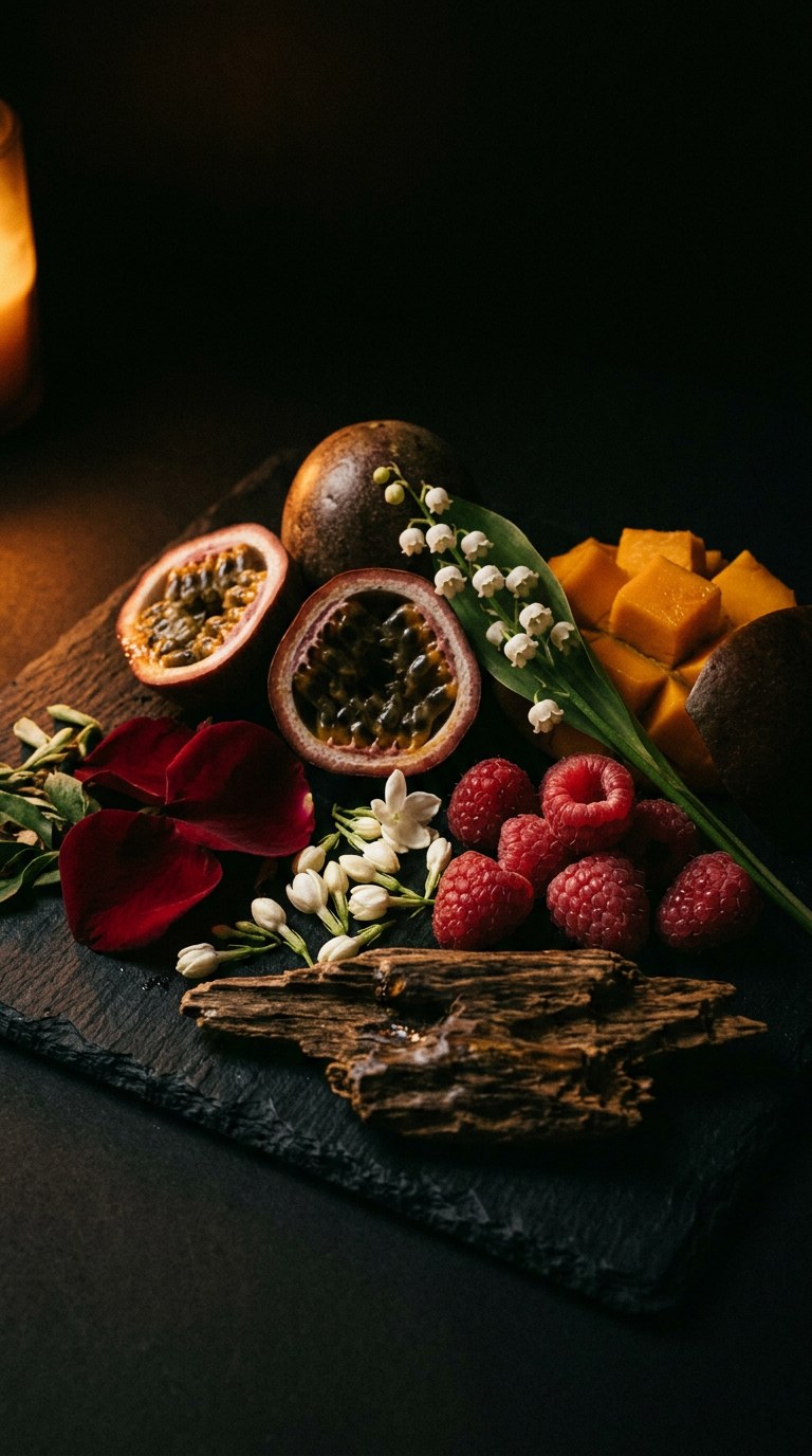blackcurrants, peach and pink pepper on dark stone