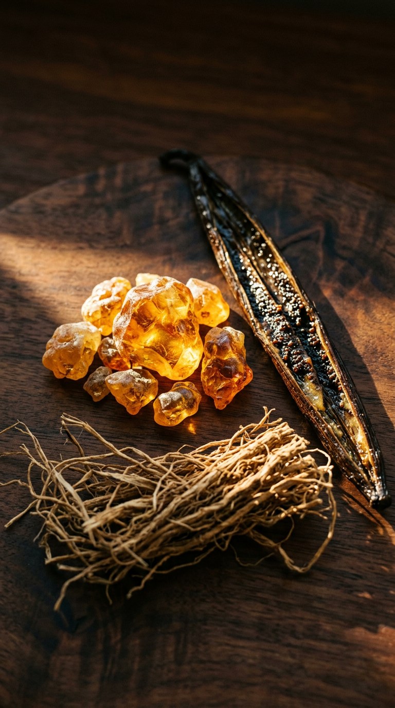 35mm film photograph, Kodak Portra 400, vertical 9:16 portrait. Macro shot of pure, dark vanilla paste swirling seamlessly into a pool of golden, viscous amber oil, surrounded by scattered, earthy strands of dry vetiver. The surface underneath is a raw, textured sandstone block. Subtle, warm, directional lighting emphasizes the rich, creamy golden and deep brown tones. Shot with a 105mm lens at f/3.2, capturing the glossy, tactile quality of the oil and vanilla with a sensual, lingering warmth.