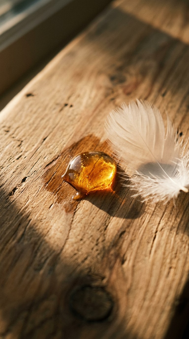 Golden amber resin slowly melting on smooth cedarwood next to a soft white feather in warm light.