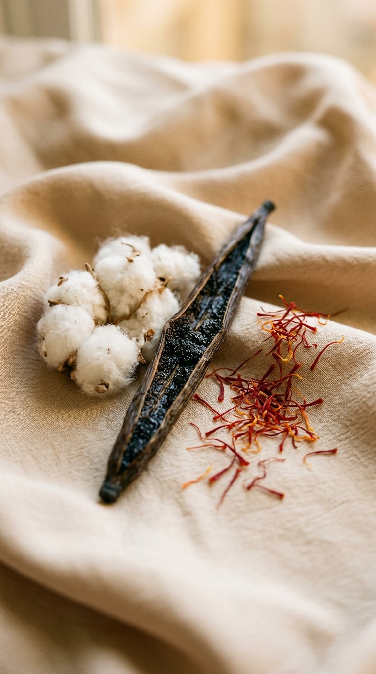 Still life of a split vanilla bean, raw cotton, and saffron threads resting on beige silk.