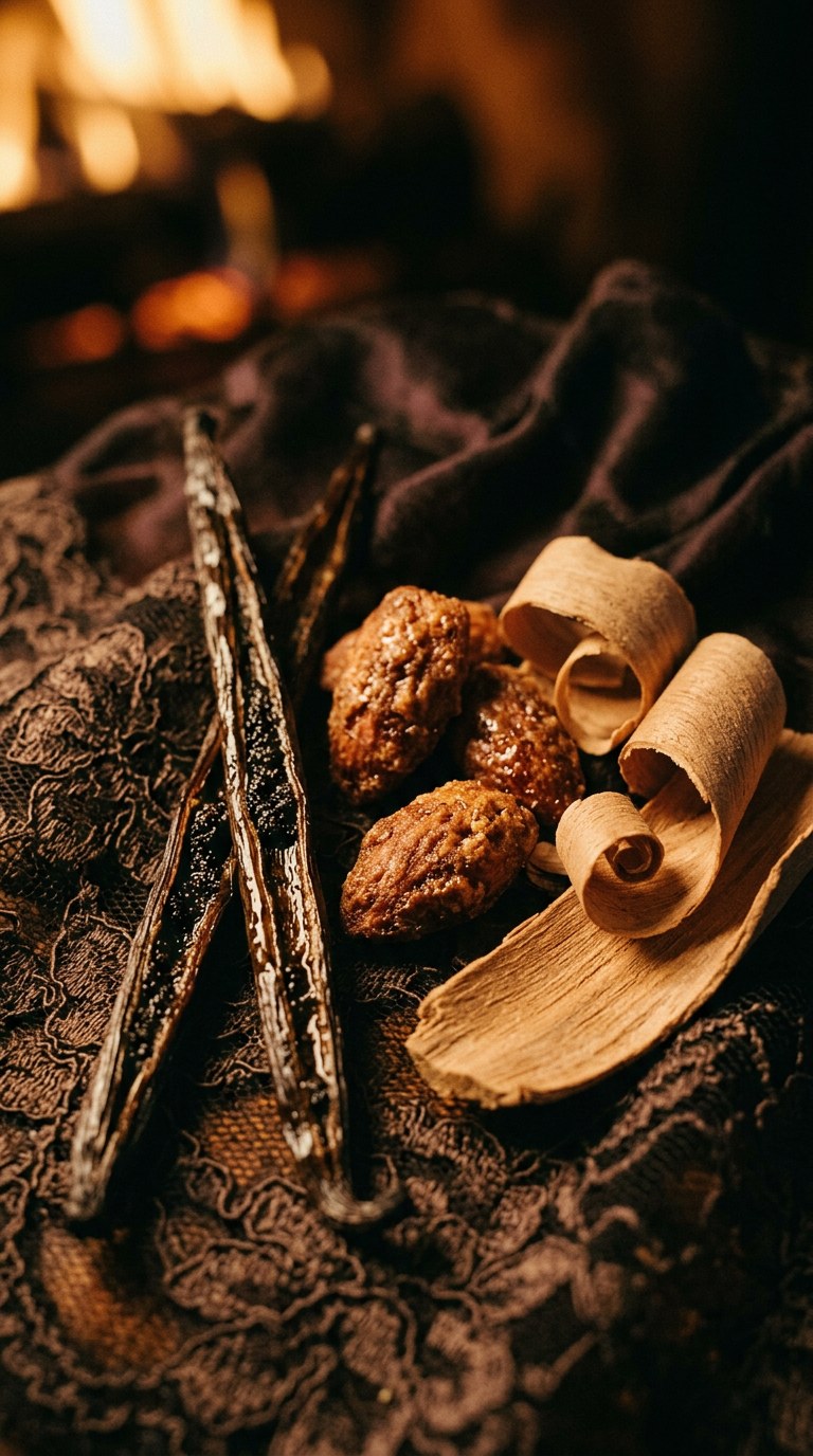 An intimate close-up of dark patchouli leaves and dripping golden amber resin melting over a smooth, pale piece of sandalwood. Shot on Kodak Portra 35mm film, vertical 9:16 portrait. Rich, caramel-toned lighting emphasizes the sticky, viscous texture of the resin and the earthy grit of the leaves, creating a decadent, deeply warm aesthetic.