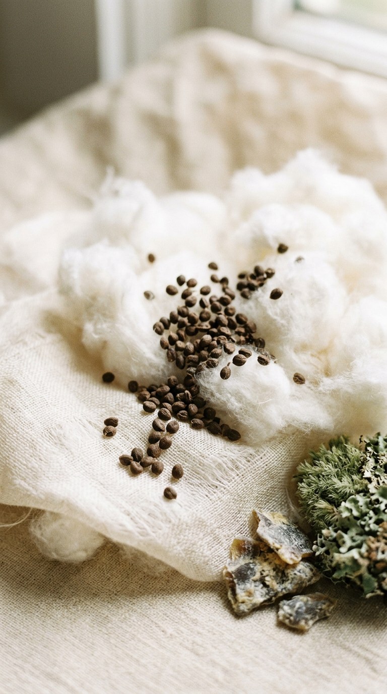 Ambrette seeds, raw silk, white cotton, and soft oakmoss in warm, muted lighting.