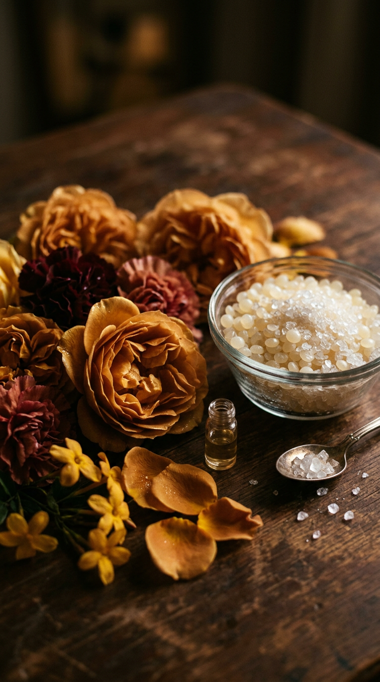 iris root, rice powder and dried violets on pale marble