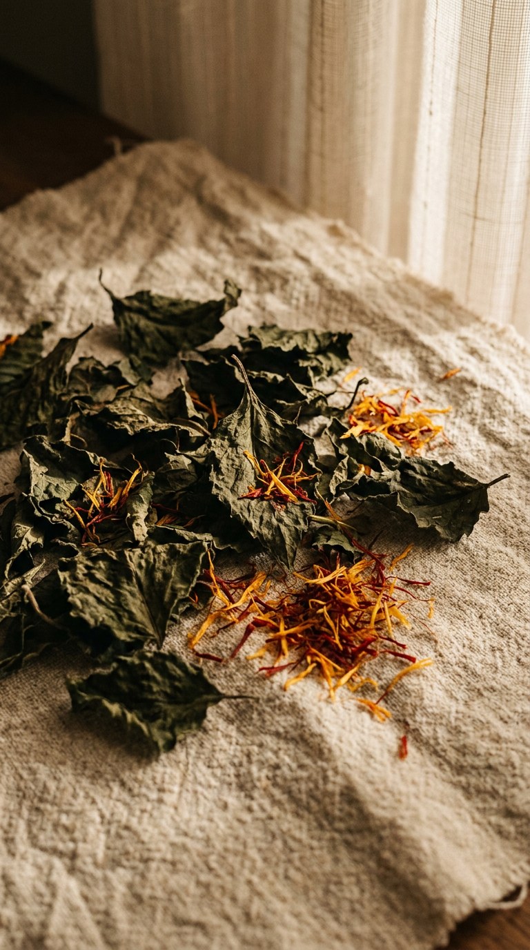 Dried patchouli leaves and saffron strands resting on textured unbleached cotton cloth in warm afternoon light.