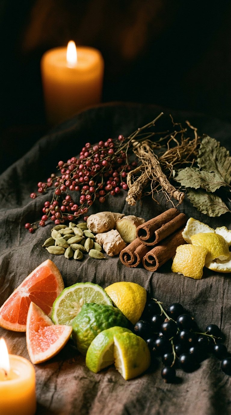 whole spices scattered on aged brass